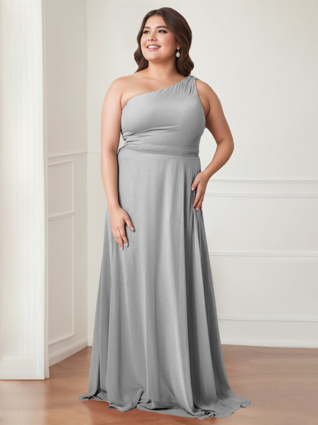 A Line/Princess One-Shoulder Sleeveless Floor-Length Bridesmaid Dresses with Bowknot