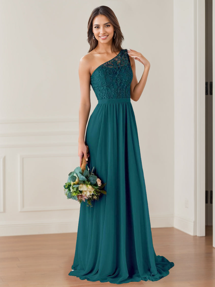 A Line/Princess One-Shoulder Sleeveless Floor-Length Bridesmaid Dresses with Lace,Beaded & Embroidered