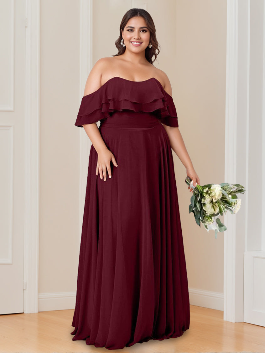 A Line/Princess Strapless Off-the-Shoulder Neck Floor-Length Bridesmaid Dresses with Ruched