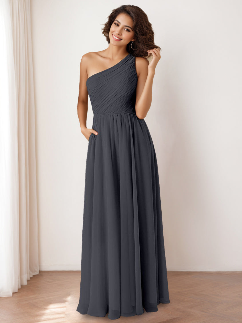 A Line/Princess One-Shoulder Sleeveless Floor-Length Bridesmaid Dresses with Pocket & Ruffles