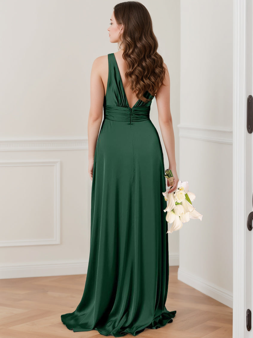 A Line/Princess Deep V-Neck Sleeveless Floor-Length Bridesmaid Dresses with Ruffles & Split Side