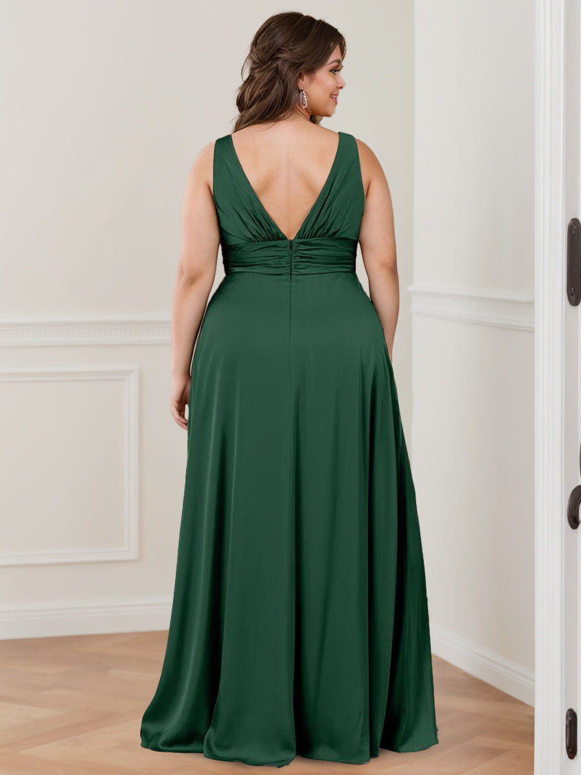 A Line/Princess Deep V-Neck Sleeveless Floor-Length Bridesmaid Dresses with Ruffles & Split Side