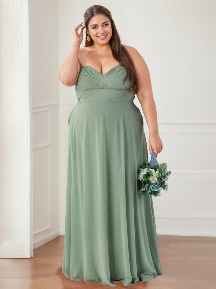 A Line/Princess Strapless Sweetheart Neck Sleeveless Floor-Length Bridesmaid Dresses with Ruffles