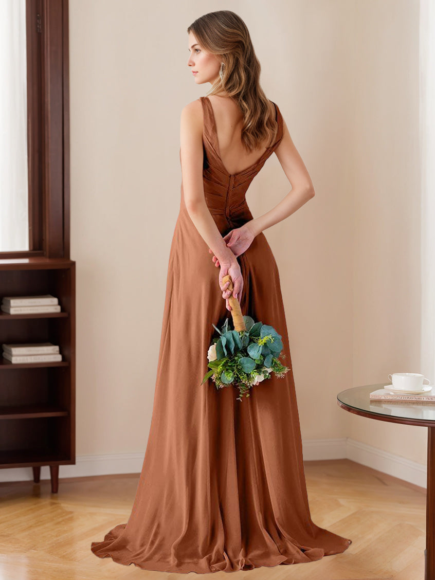 A Line/Princess V-Neck Sleeveless Floor-Length Bridesmaid Dresses with Ruffles