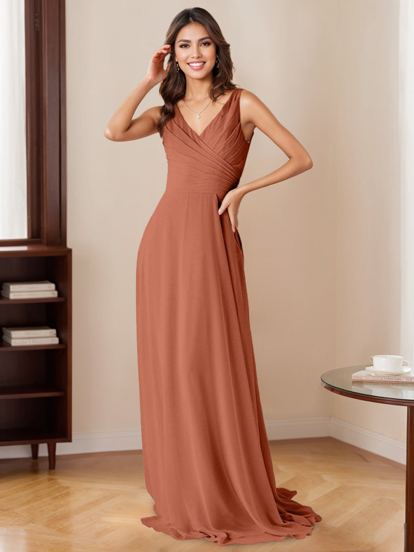 A Line/Princess V-Neck Sleeveless Floor-Length Bridesmaid Dresses with Ruffles