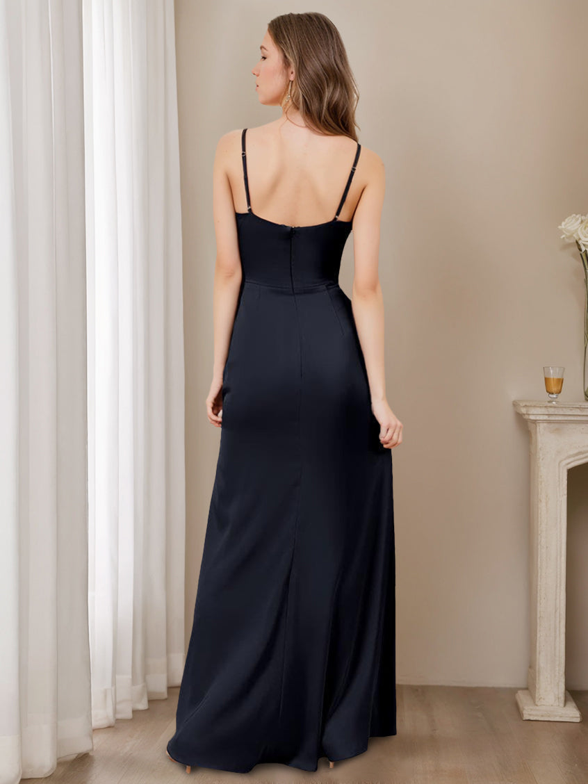 A Line/Princess Spaghetti Straps Sleeveless Floor-Length Long Bridesmaid Dresses with Split Side