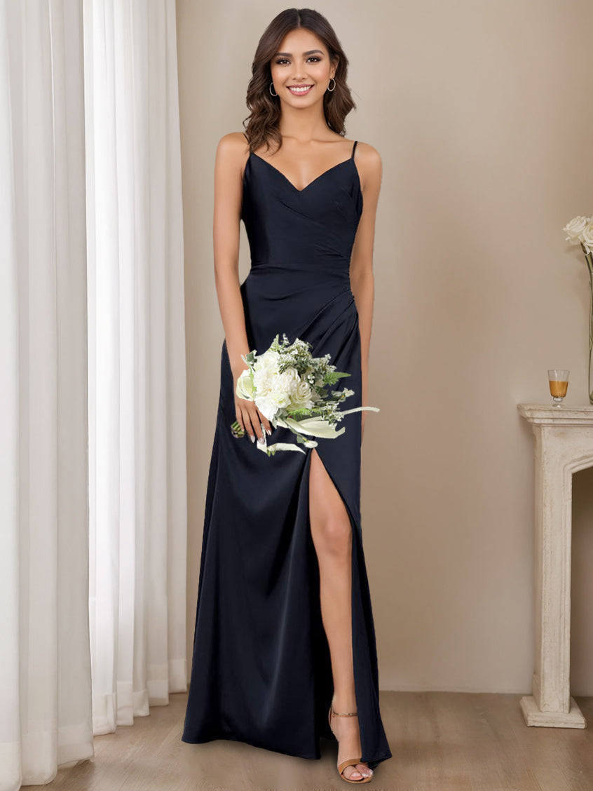 A Line/Princess Spaghetti Straps Sleeveless Floor-Length Long Bridesmaid Dresses with Split Side