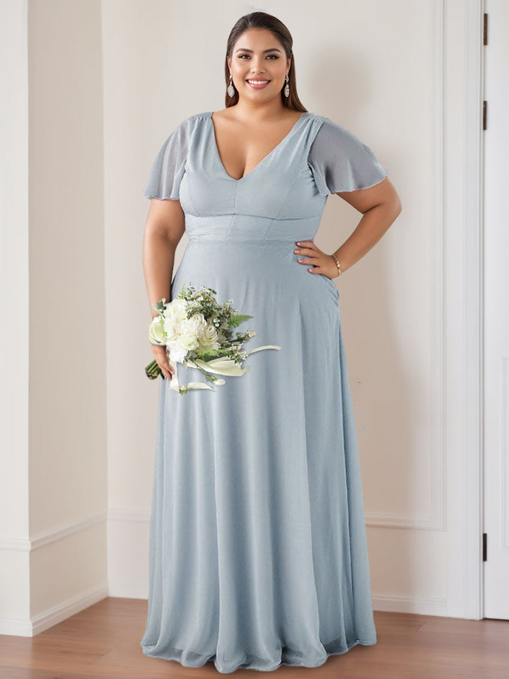 A-Line/Princess V-Neck Flutter Sleeves  Floor-Length Bridesmaid Dresses with Ruching