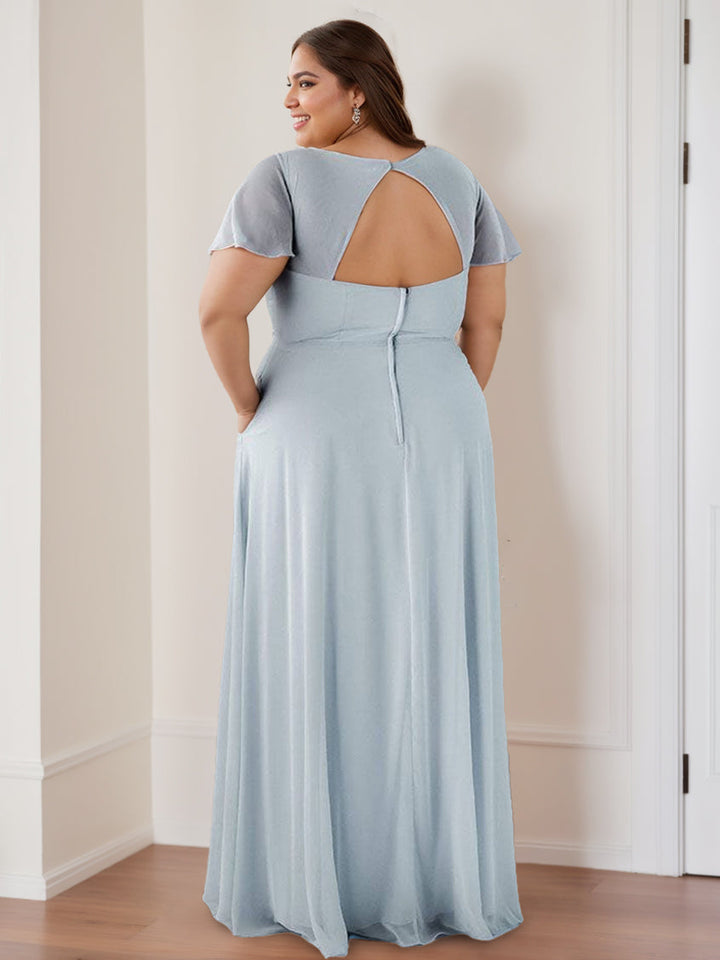 A-Line/Princess V-Neck Flutter Sleeves  Floor-Length Bridesmaid Dresses with Ruching