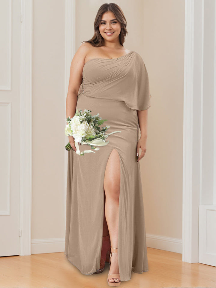 A Line/Princess One-Shoulder Floor-Length Bridesmaid Dresses with Split Side