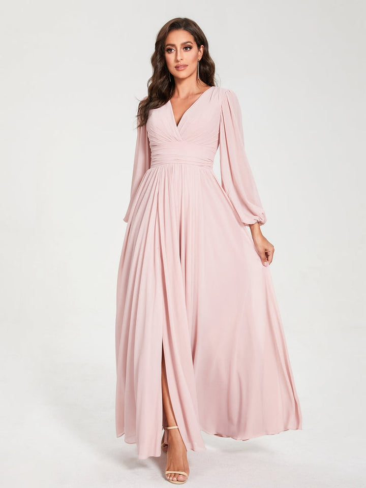 A-Line/Princess V-Neck Long Sleeves Floor-Length Bridesmaid Dresses with Pockets & Split Side