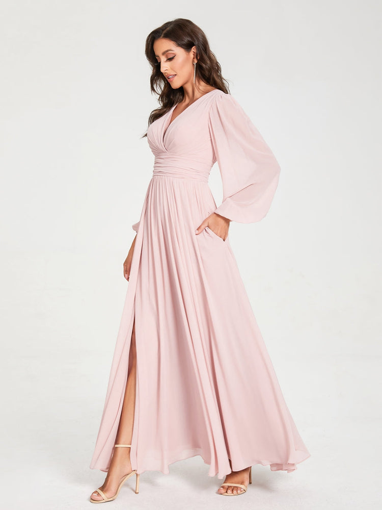 A-Line/Princess V-Neck Long Sleeves Floor-Length Bridesmaid Dresses with Pockets & Split Side