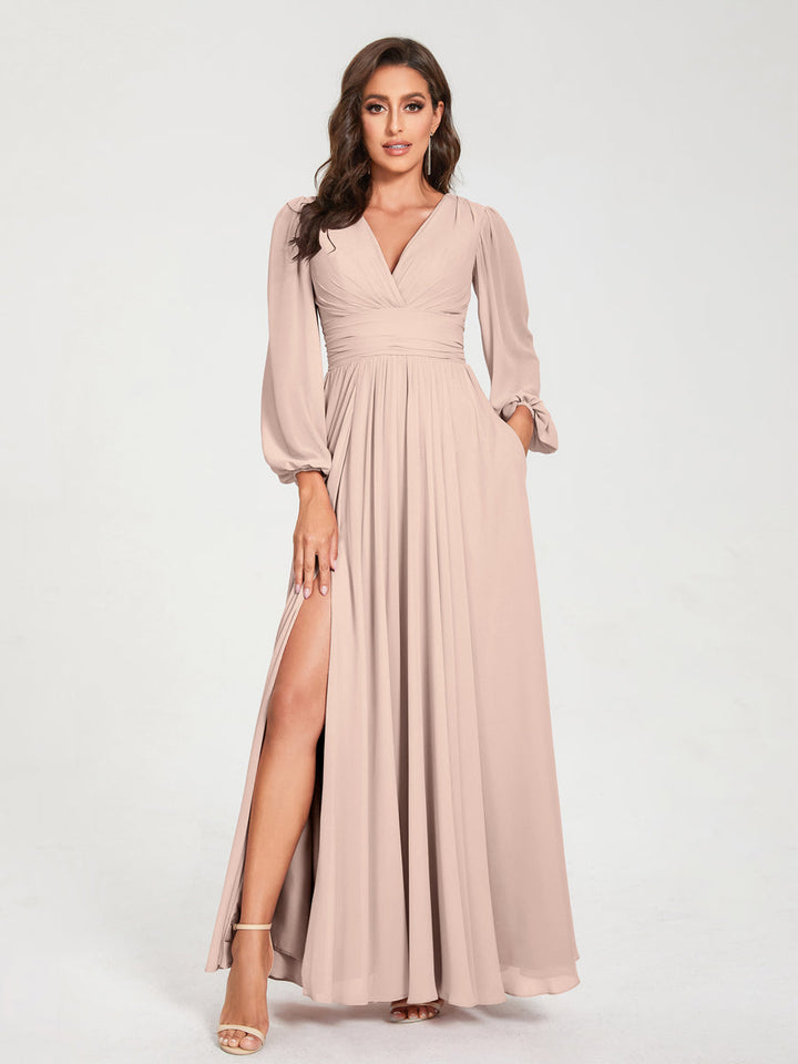 A-Line/Princess V-Neck Long Sleeves Floor-Length Bridesmaid Dresses with Pockets & Split Side