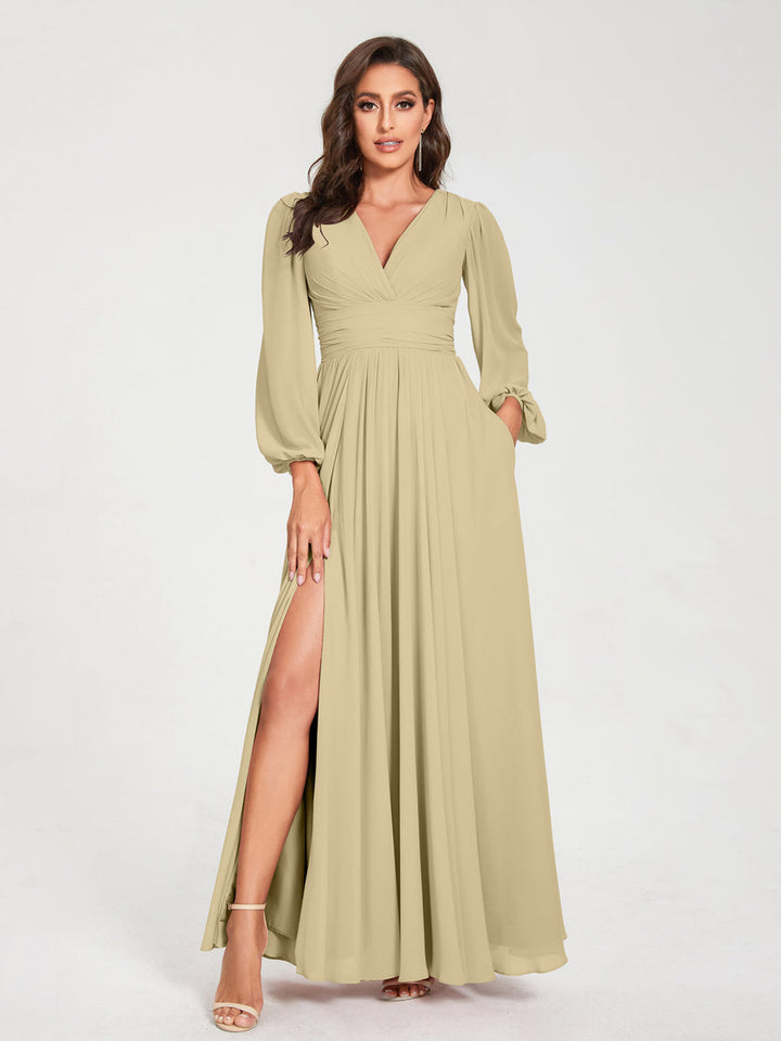 A-Line/Princess V-Neck Long Sleeves Floor-Length Bridesmaid Dresses with Pockets & Split Side