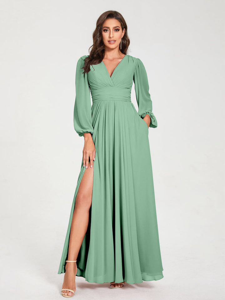 A-Line/Princess V-Neck Long Sleeves Floor-Length Bridesmaid Dresses with Pockets & Split Side