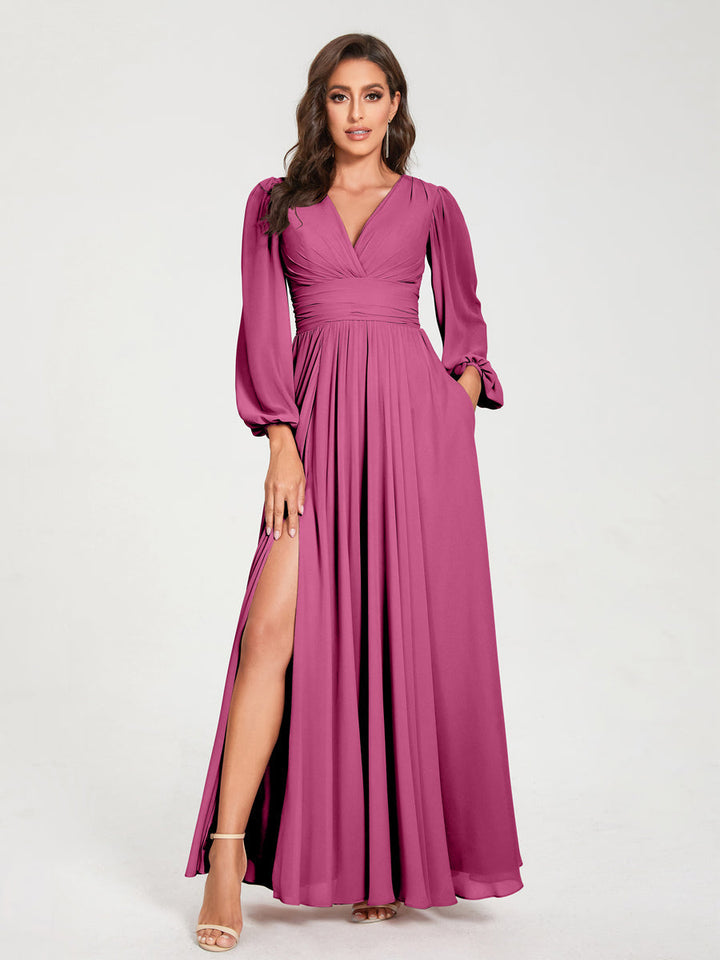 A-Line/Princess V-Neck Long Sleeves Floor-Length Bridesmaid Dresses with Pockets & Split Side