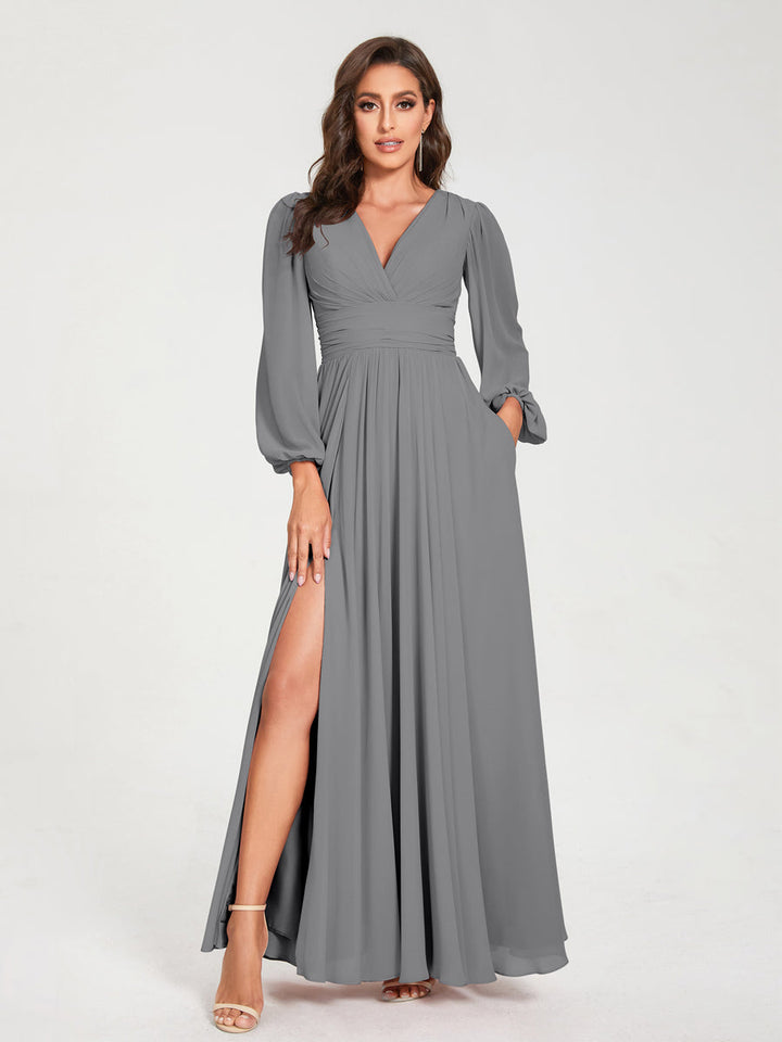 A-Line/Princess V-Neck Long Sleeves Floor-Length Bridesmaid Dresses with Pockets & Split Side