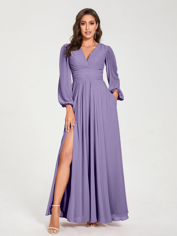 A-Line/Princess V-Neck Long Sleeves Floor-Length Bridesmaid Dresses with Pockets & Split Side