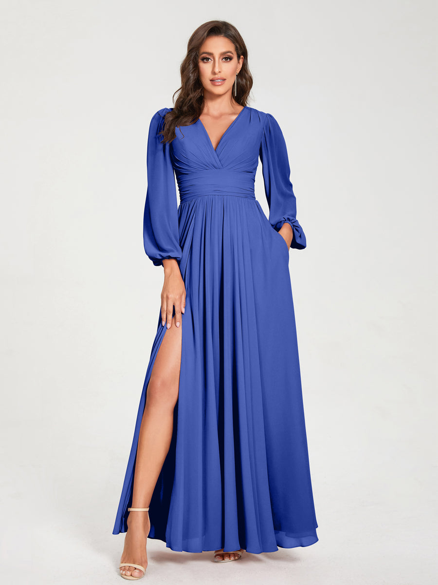 A-Line/Princess V-Neck Long Sleeves Floor-Length Bridesmaid Dresses with Pockets & Split Side