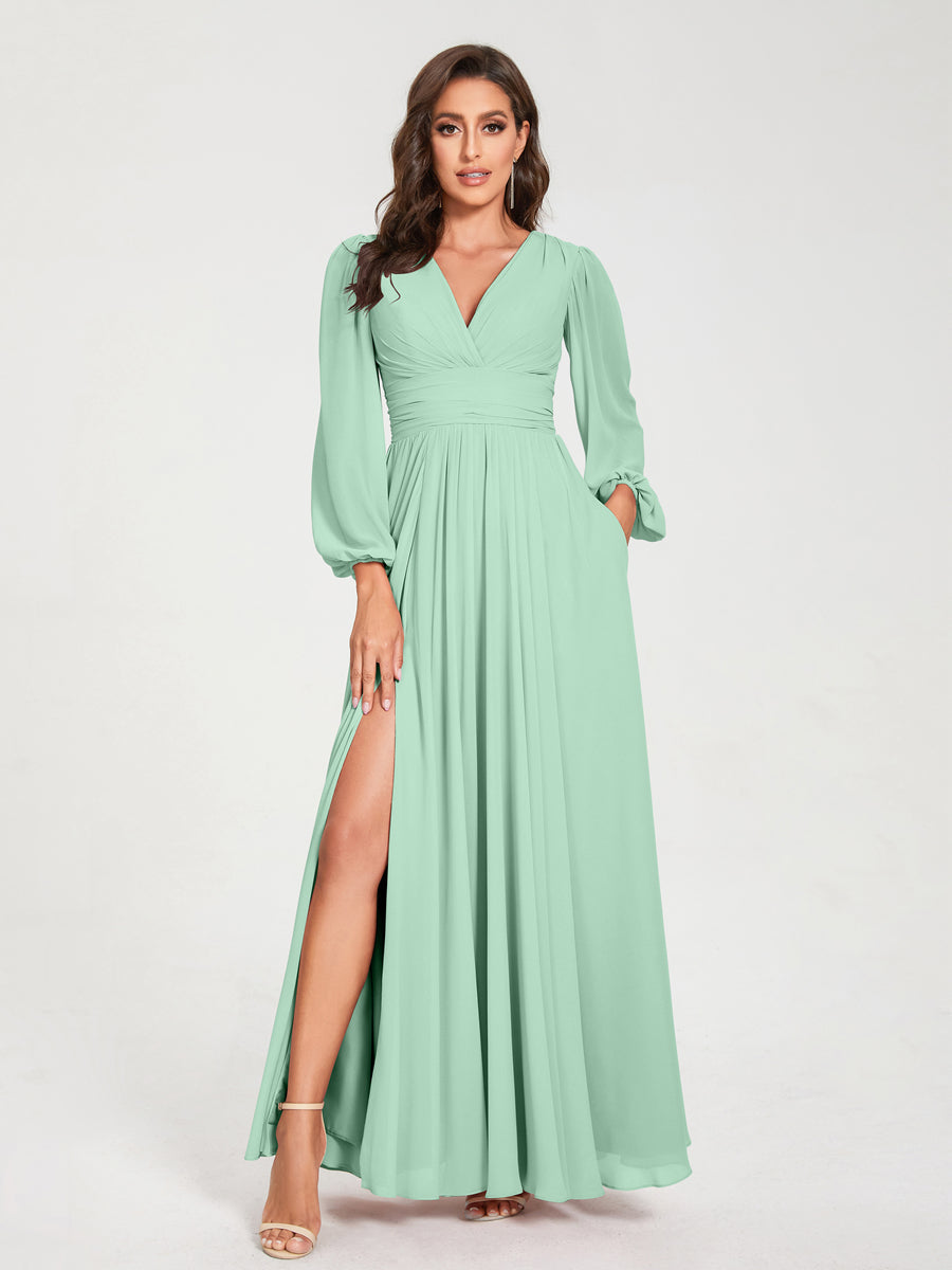 A-Line/Princess V-Neck Long Sleeves Floor-Length Bridesmaid Dresses with Pockets & Split Side