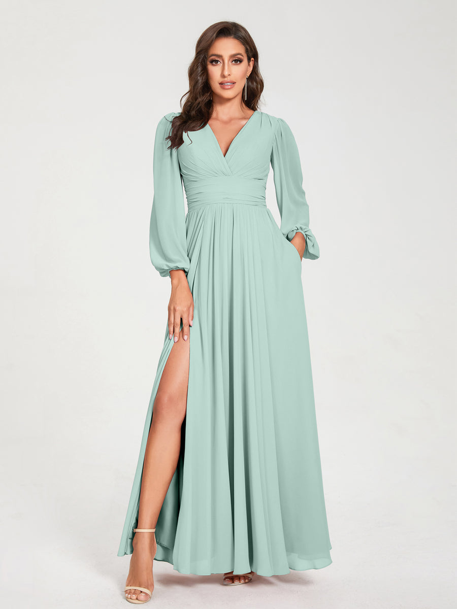 A-Line/Princess V-Neck Long Sleeves Floor-Length Bridesmaid Dresses with Pockets & Split Side