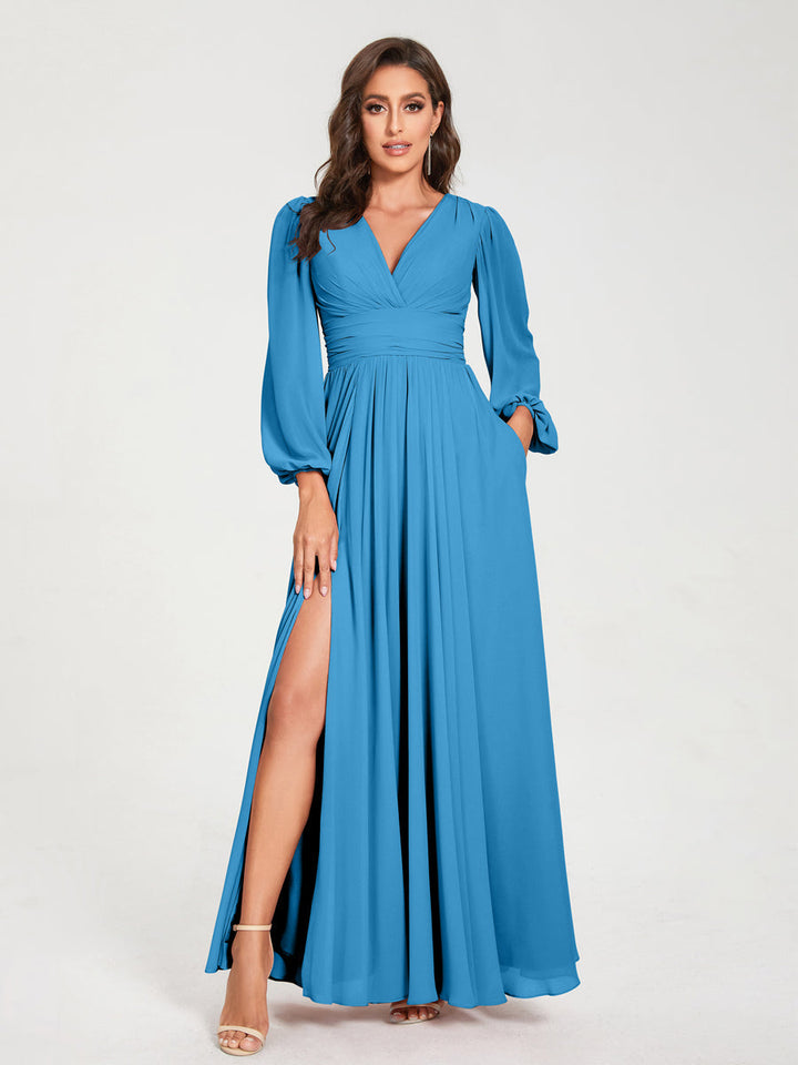 A-Line/Princess V-Neck Long Sleeves Floor-Length Bridesmaid Dresses with Pockets & Split Side