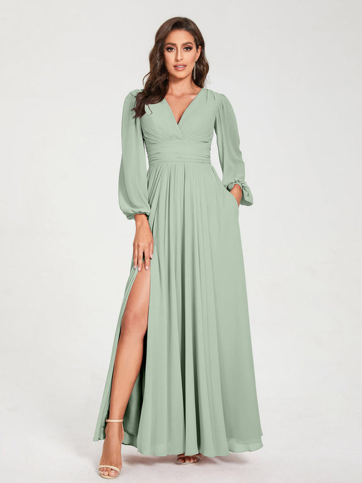 A-Line/Princess V-Neck Long Sleeves Floor-Length Bridesmaid Dresses with Pockets & Split Side