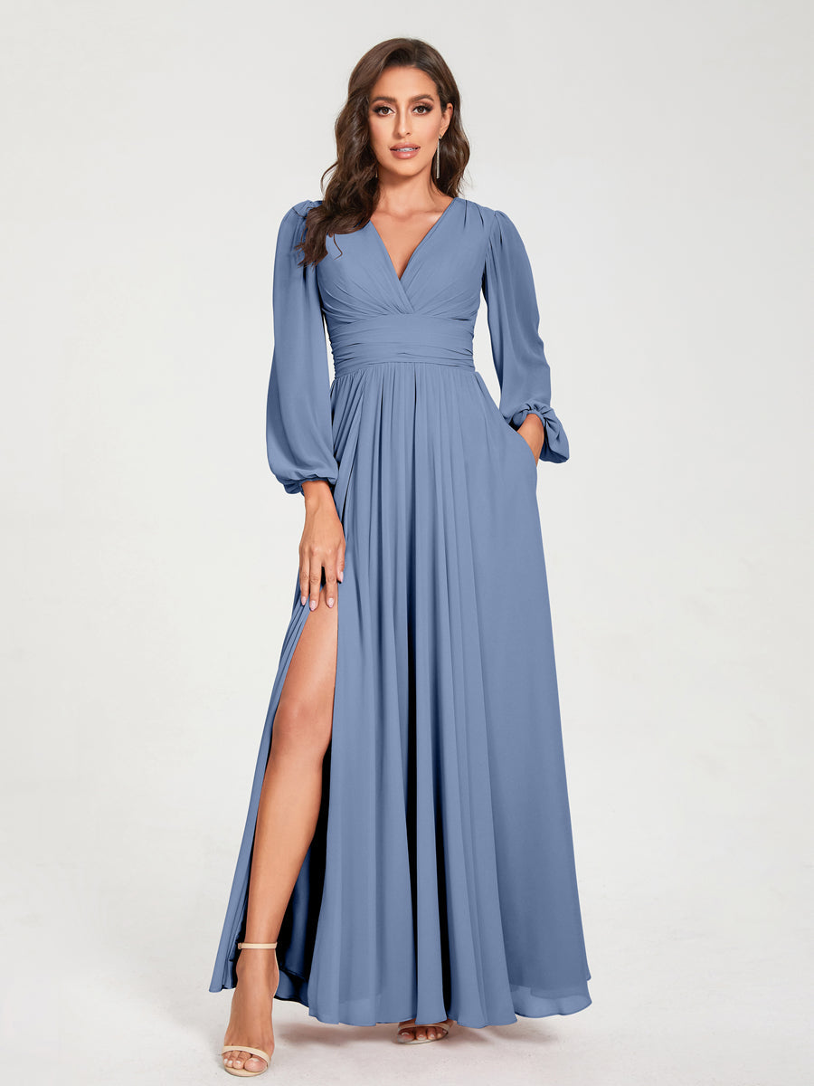 A-Line/Princess V-Neck Long Sleeves Floor-Length Bridesmaid Dresses with Pockets & Split Side