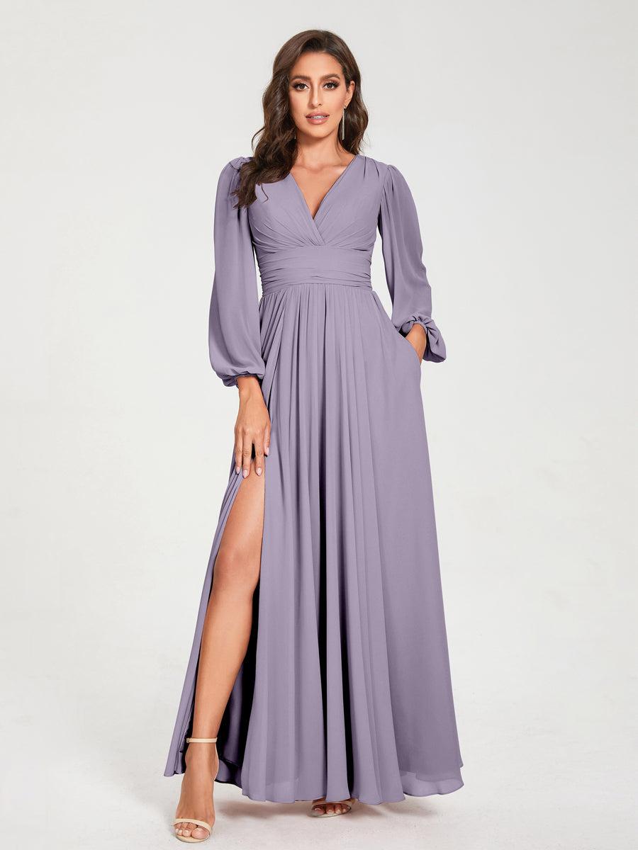 A-Line/Princess V-Neck Long Sleeves Floor-Length Bridesmaid Dresses with Pockets & Split Side