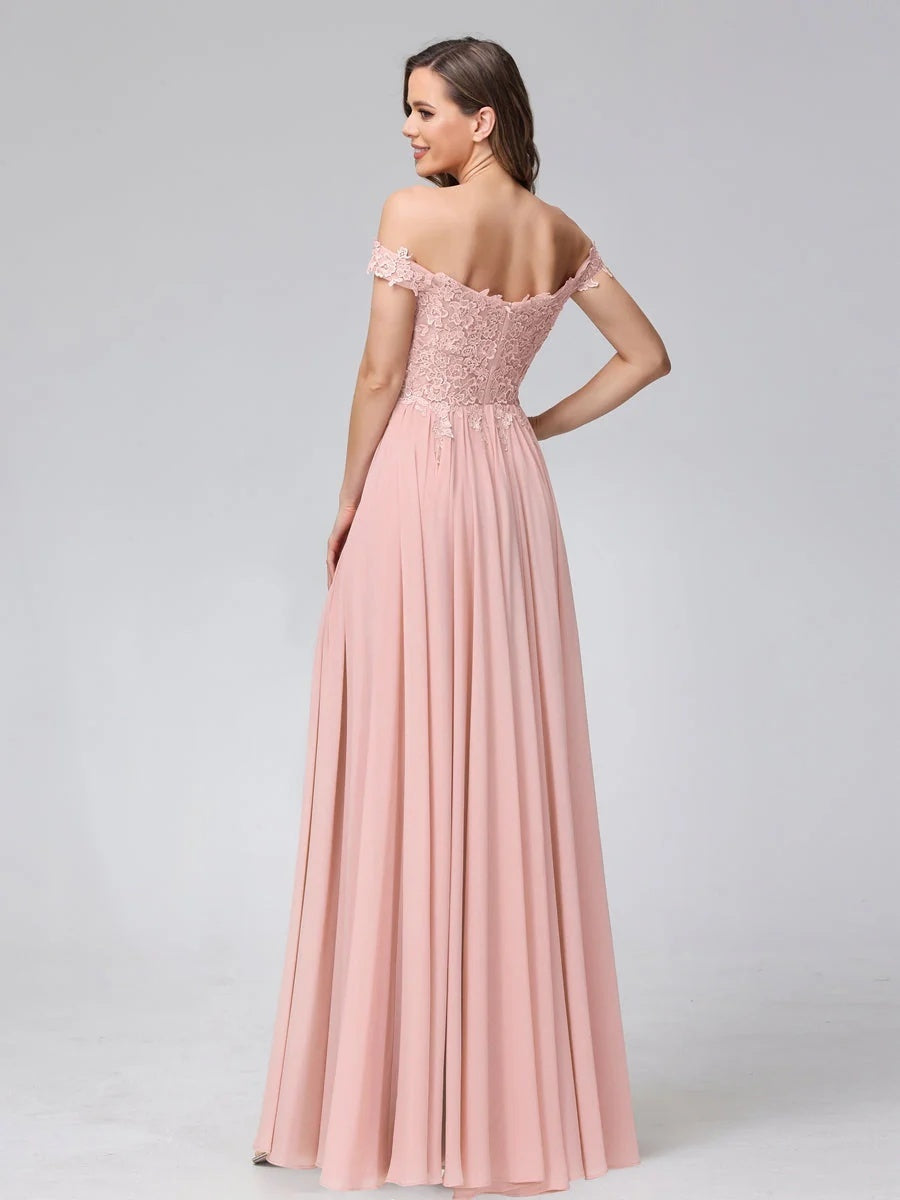 A-Line/Princess Off-the-Shoulder Sleeveless Long Bridesmaid Dresses with Side Slit & Appliqued