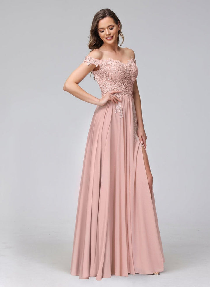 A-Line/Princess Off-the-Shoulder Sleeveless Long Bridesmaid Dresses with Side Slit & Appliqued