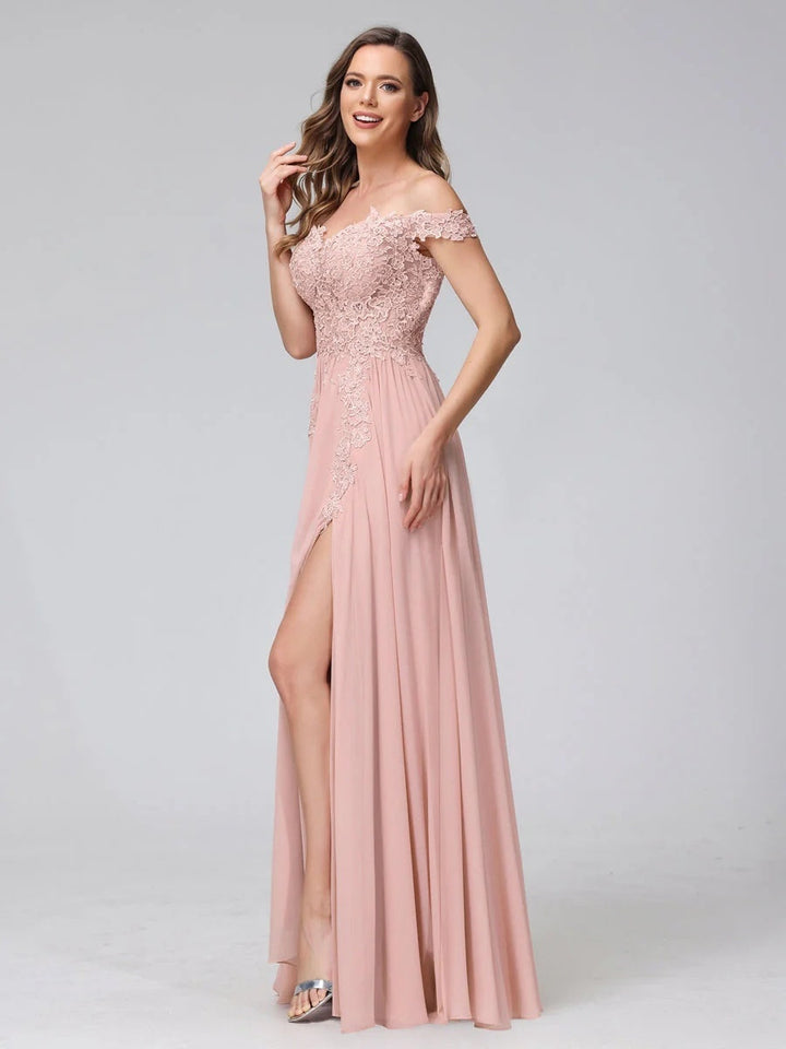 A-Line/Princess Off-the-Shoulder Sleeveless Long Bridesmaid Dresses with Side Slit & Appliqued