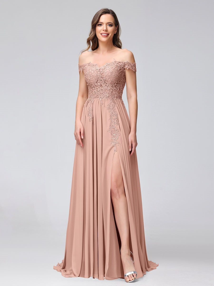 A-Line/Princess Off-the-Shoulder Sleeveless Long Bridesmaid Dresses with Side Slit & Appliqued