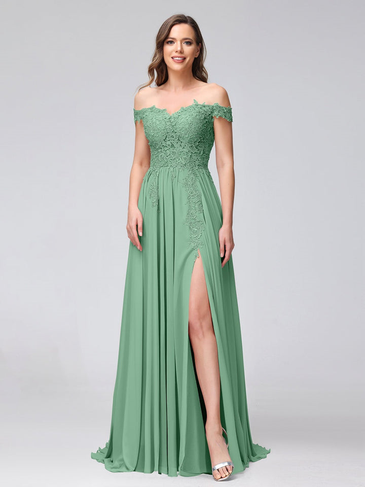 A-Line/Princess Off-the-Shoulder Sleeveless Long Bridesmaid Dresses with Side Slit & Appliqued