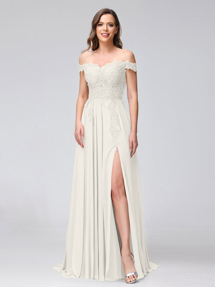 A-Line/Princess Off-the-Shoulder Sleeveless Long Bridesmaid Dresses with Side Slit & Appliqued