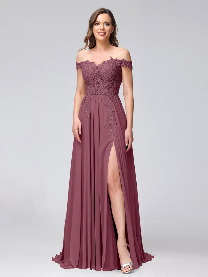 A-Line/Princess Off-the-Shoulder Sleeveless Long Bridesmaid Dresses with Side Slit & Appliqued