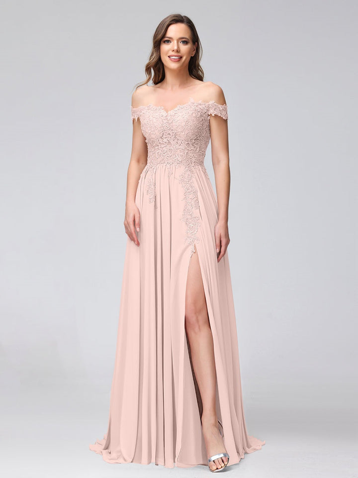 A-Line/Princess Off-the-Shoulder Sleeveless Long Bridesmaid Dresses with Side Slit & Appliqued