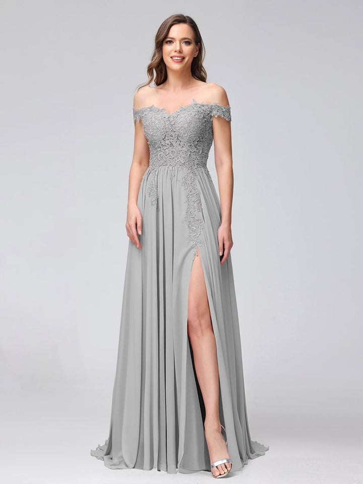 A-Line/Princess Off-the-Shoulder Sleeveless Long Bridesmaid Dresses with Side Slit & Appliqued