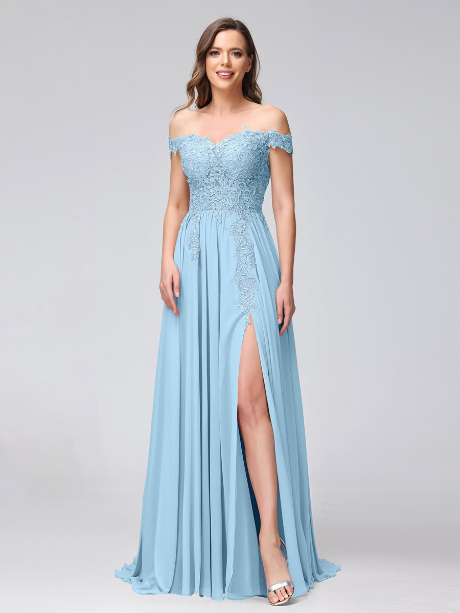 A-Line/Princess Off-the-Shoulder Sleeveless Long Bridesmaid Dresses with Side Slit & Appliqued