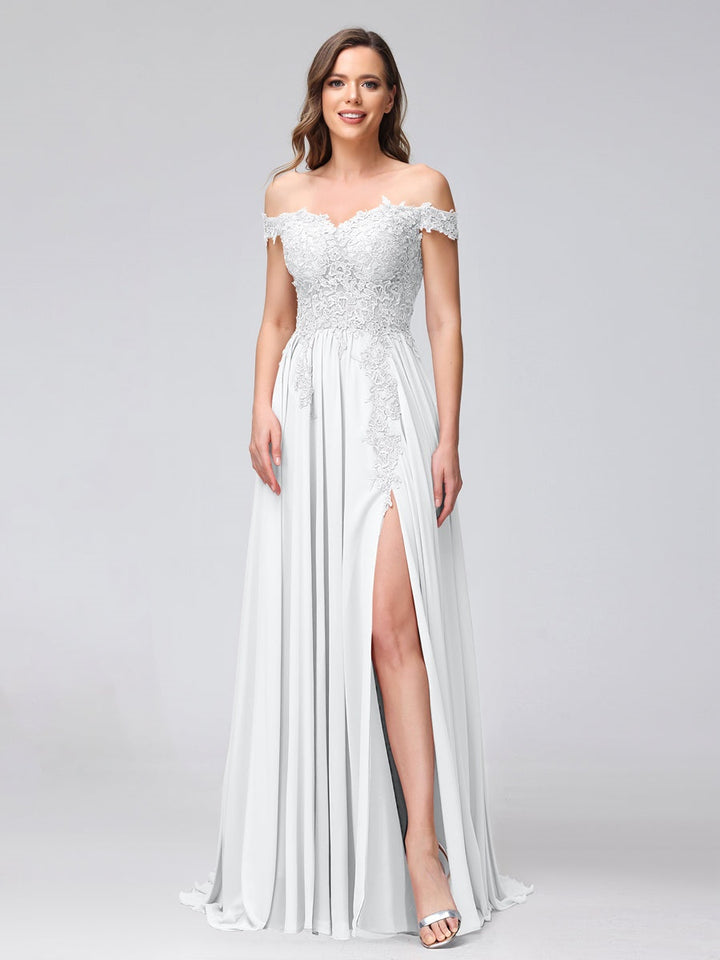 A-Line/Princess Off-the-Shoulder Sleeveless Long Bridesmaid Dresses with Side Slit & Appliqued