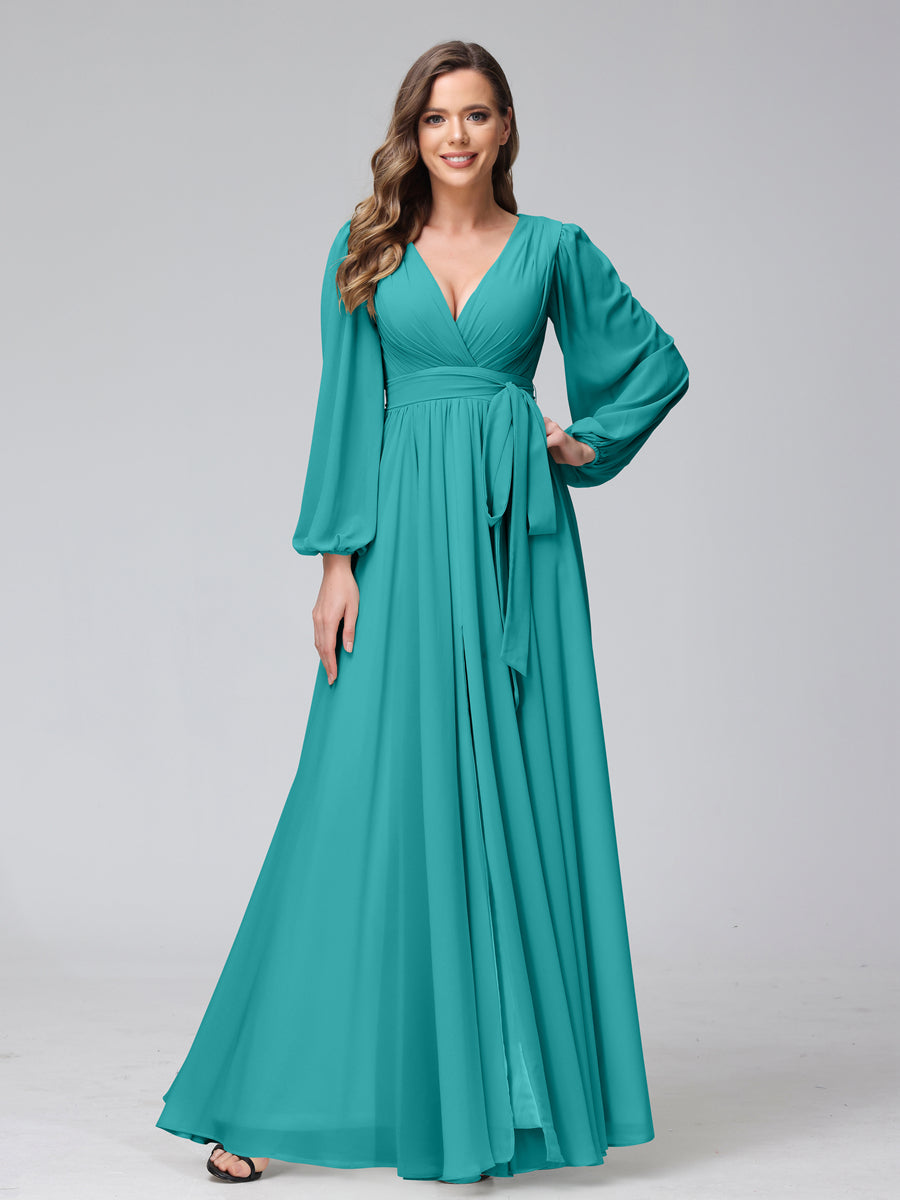 A-Line V-Neck Long Sleeves Chiffon Long Bridesmaid Dresses With Ruffles Split Side