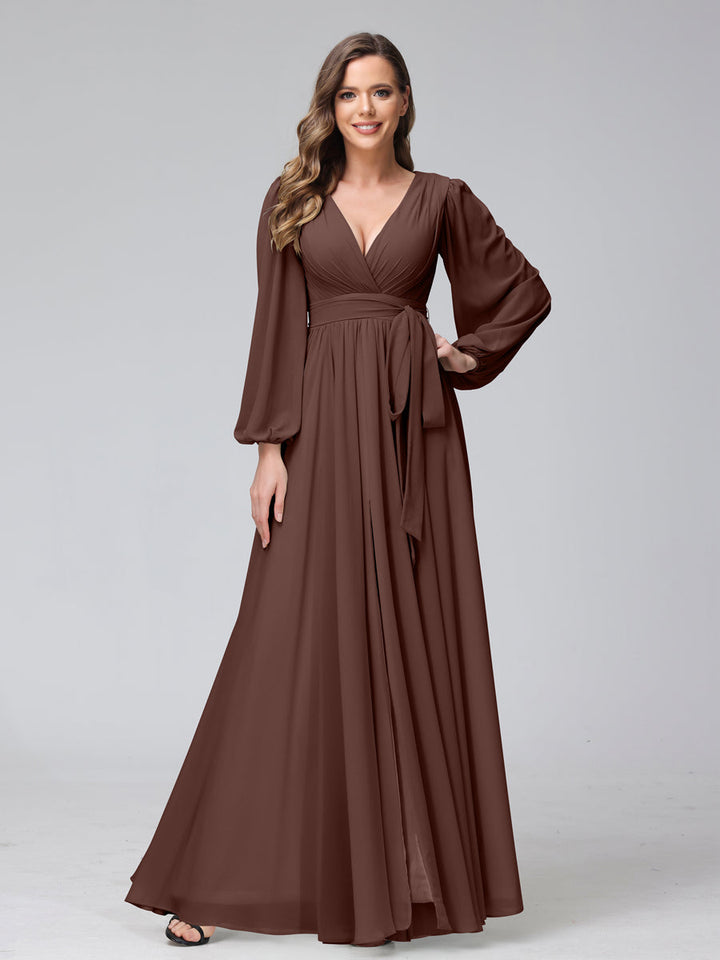 A-Line V-Neck Long Sleeves Chiffon Long Bridesmaid Dresses With Ruffles Split Side