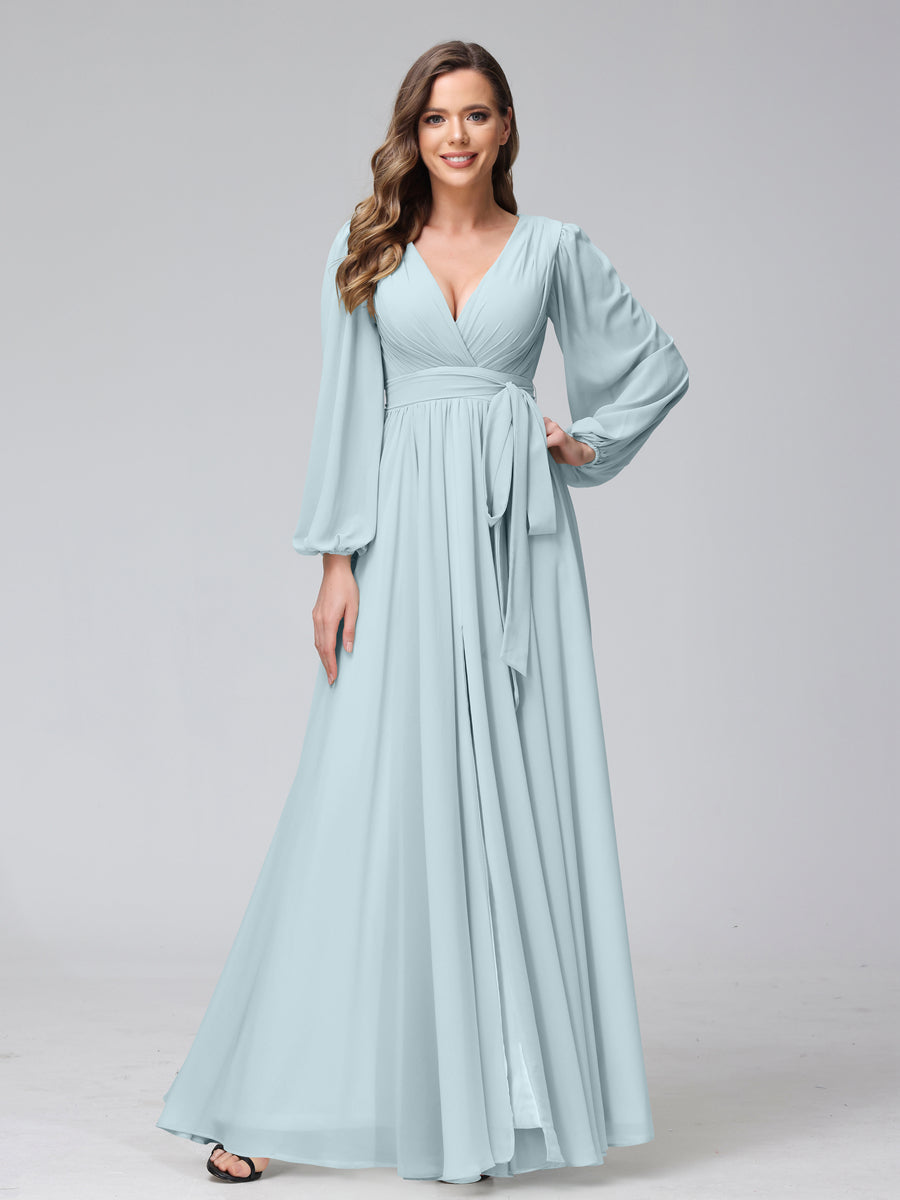 A-Line V-Neck Long Sleeves Chiffon Long Bridesmaid Dresses With Ruffles Split Side