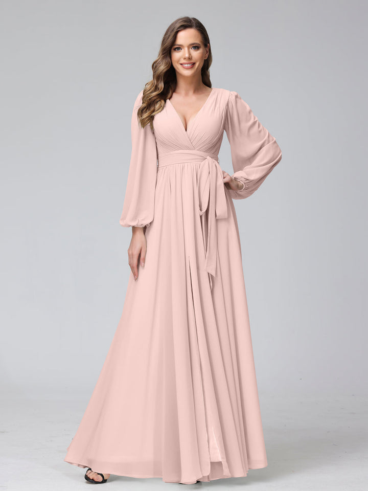 A-Line V-Neck Long Sleeves Chiffon Long Bridesmaid Dresses With Ruffles Split Side