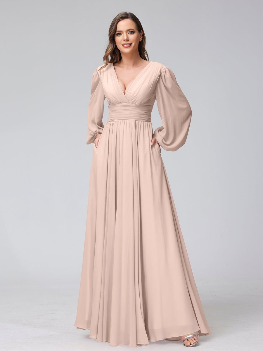 A-Line/Princess V-Neck Long Sleeves Floor-Length Bridemaid Dresses With Split Side & Pockets