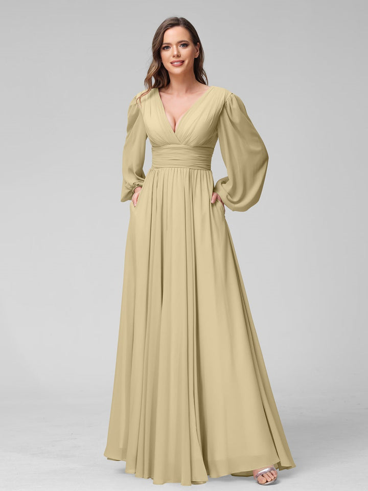 A-Line/Princess V-Neck Long Sleeves Floor-Length Bridemaid Dresses With Split Side & Pockets