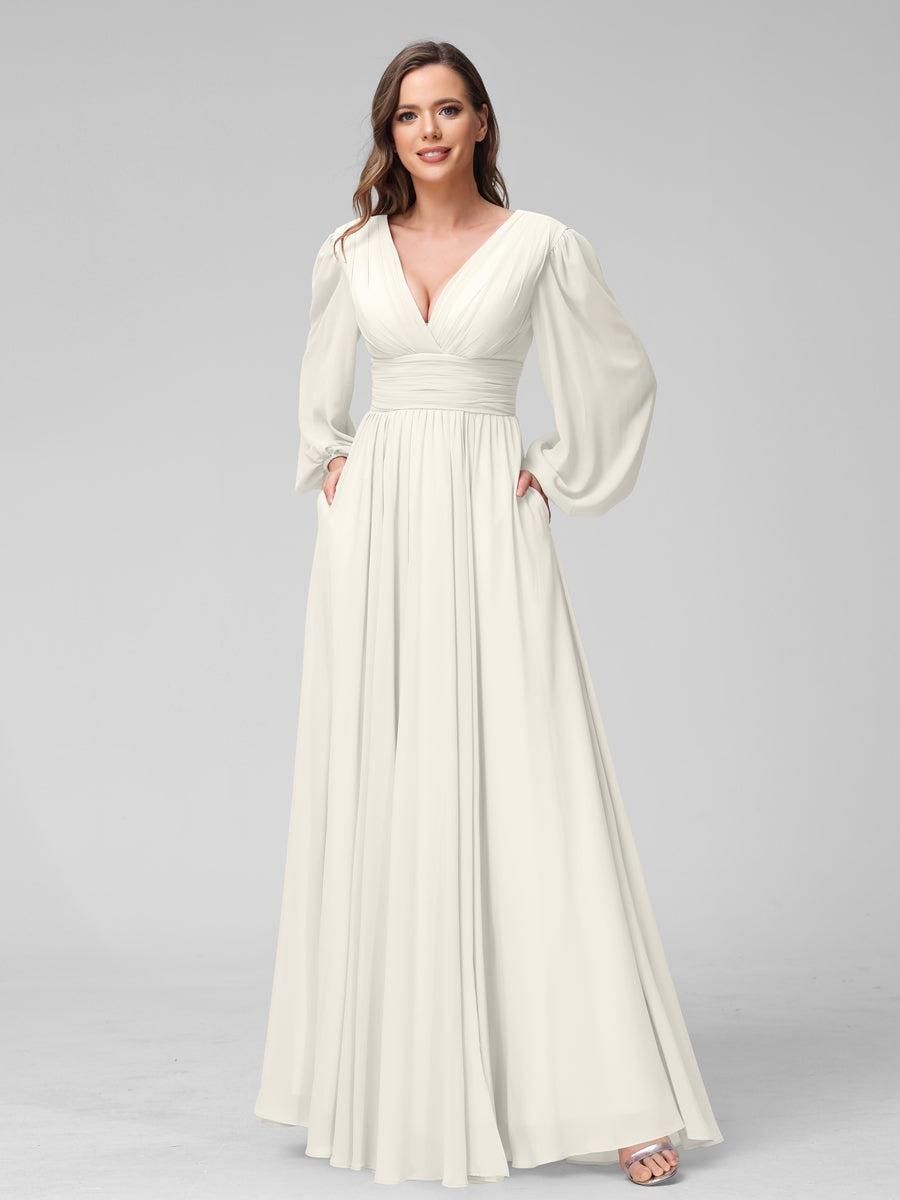 A-Line/Princess V-Neck Long Sleeves Floor-Length Bridemaid Dresses With Split Side & Pockets