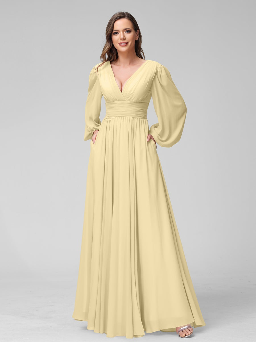 A-Line/Princess V-Neck Long Sleeves Floor-Length Bridemaid Dresses With Split Side & Pockets