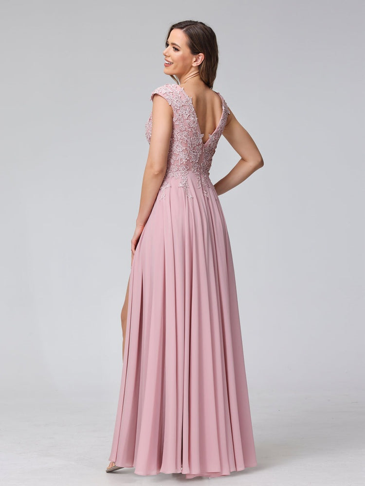 A-Line/Princess V-Neck Sleeveless Chiffon LongBridemaid Dresses With Applique Split Side