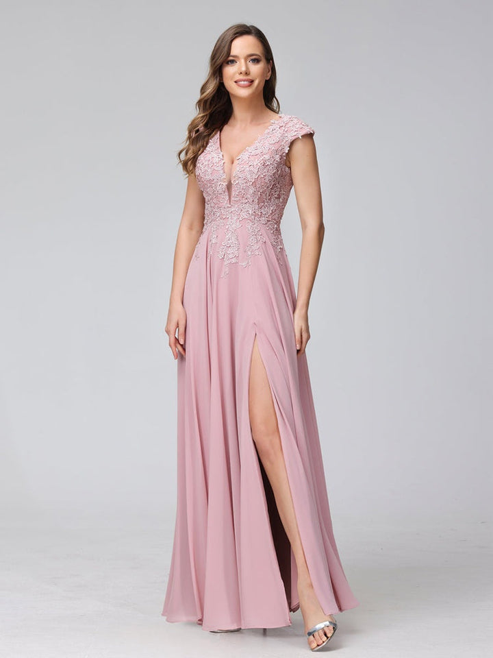 A-Line/Princess V-Neck Sleeveless Chiffon LongBridemaid Dresses With Applique Split Side